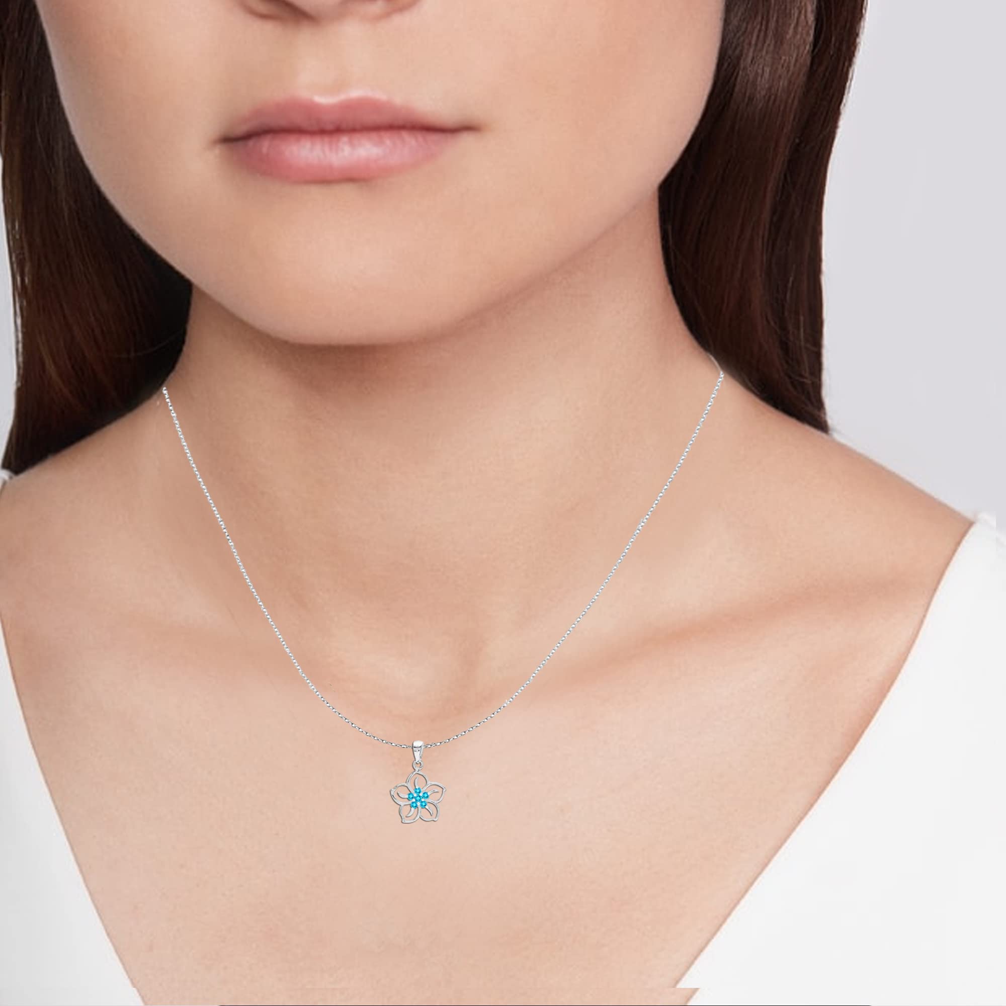 LeCalla 925 Sterling Silver Genuine Sky Blue Topaz Flower Pendant Necklace for Women Teen 18 Inches