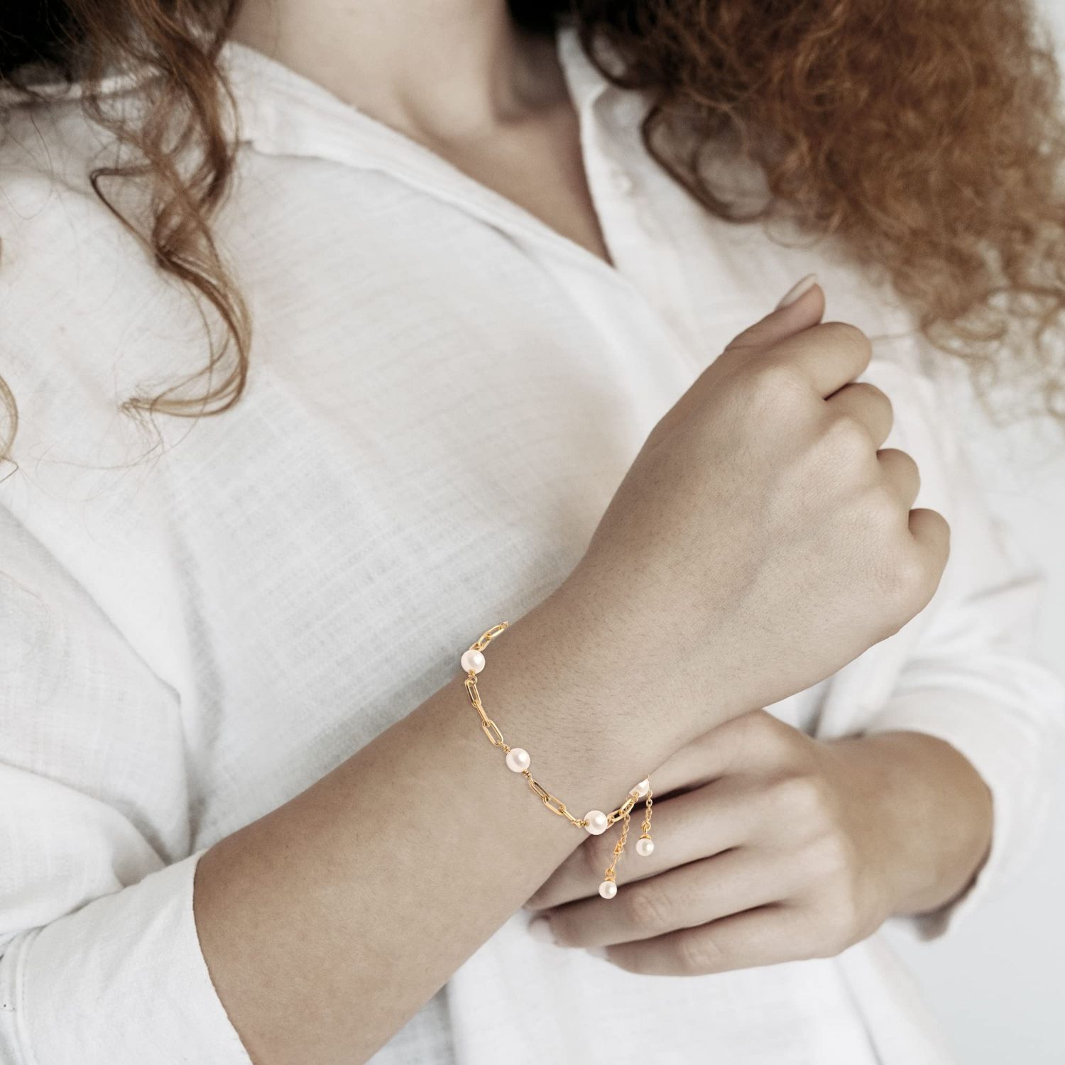 LeCalla Flaunt 925 Sterling Silver 14K Gold-Plated PaperClip Link Pearl Silding Bolo Bracelet for Women