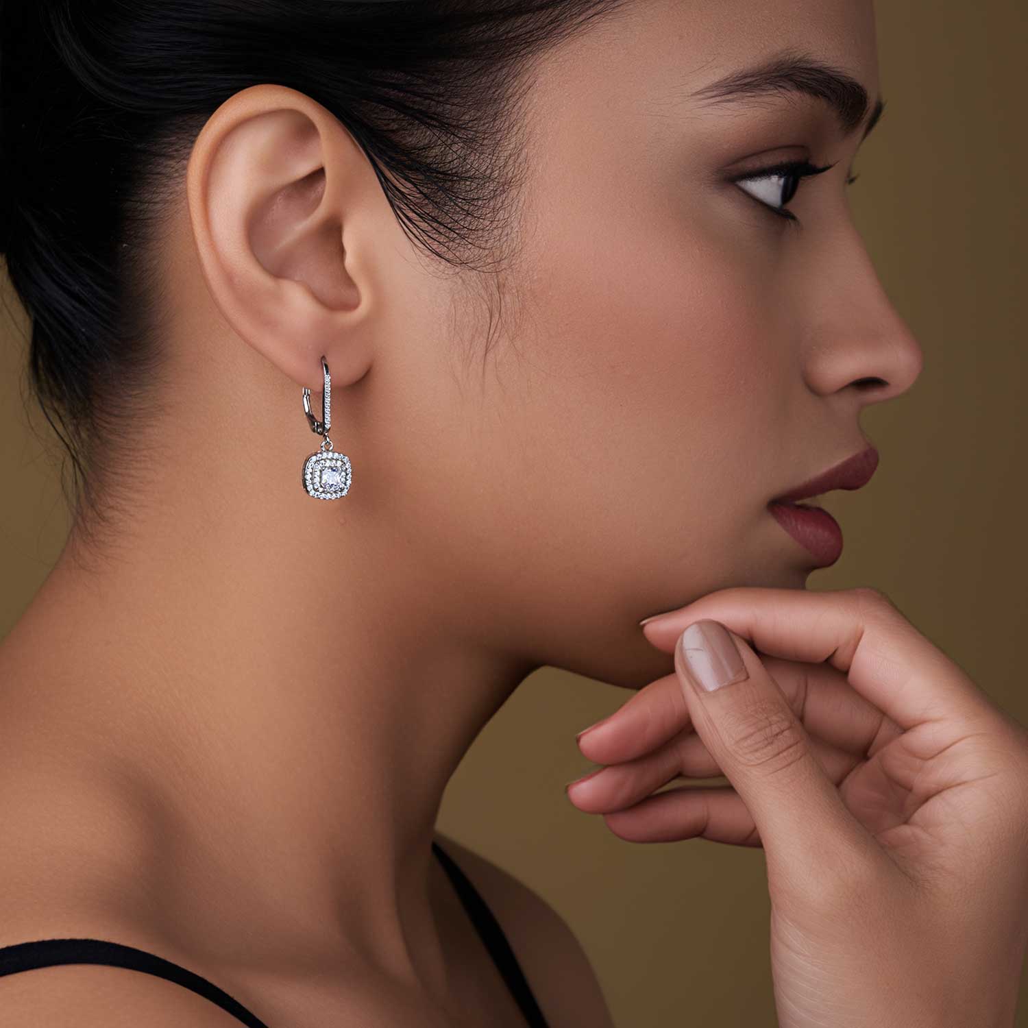 Rhodium Plated Dangle Lever-Back Earring