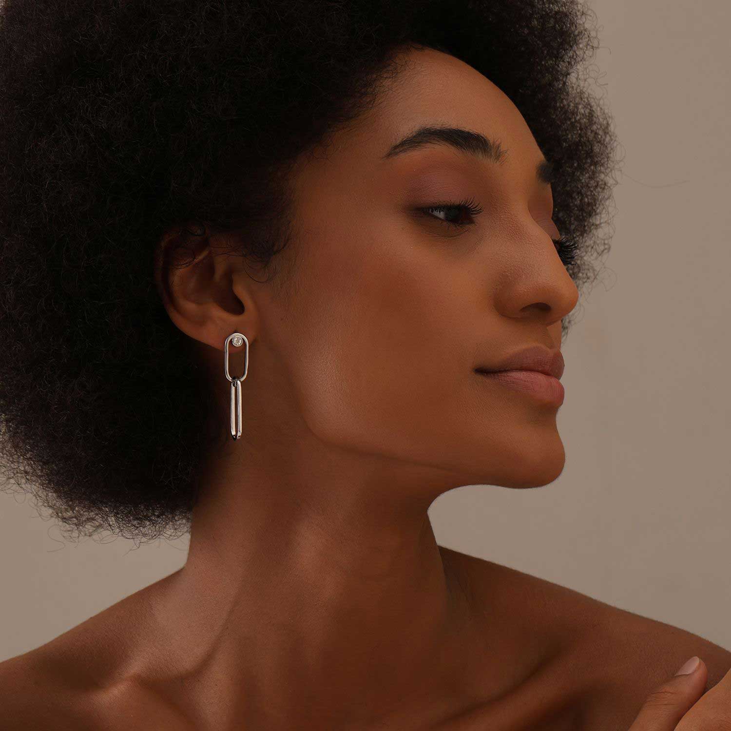 LeCalla 925 Sterling Silver 0.01 Carat Diamond Double Link Long Drop Dangle Stud Earrings for Women 45 MM