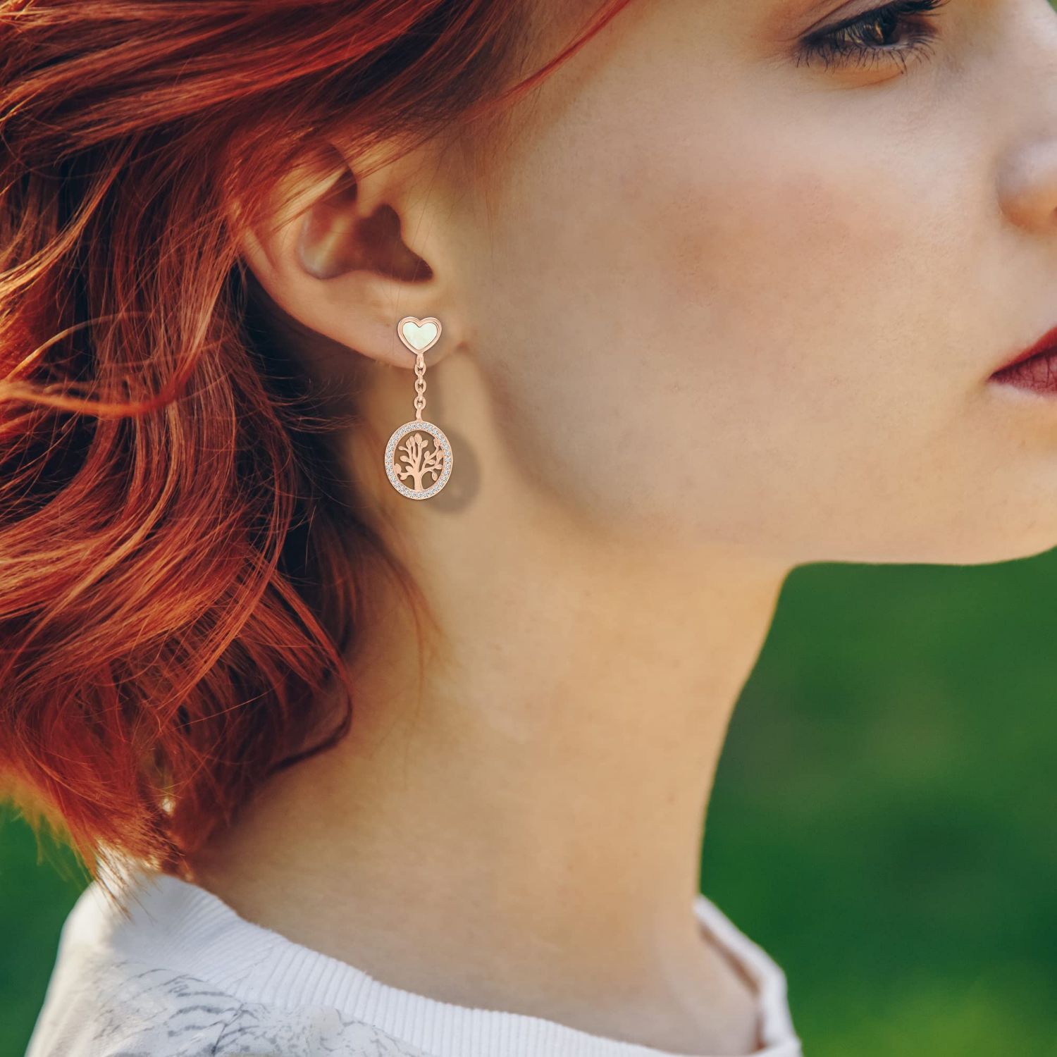 LeCalla Rose Gold-Plated Mother of Pearl CZ Tree of Life Drop Dangler Earrings for Women Teen