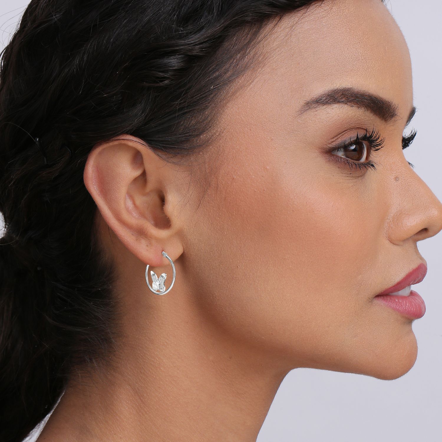 LeCalla 925 Sterling Silver Jewelry Lightweight Diamond-Cut SMALL Butterfly Motif Hoop Earrings for Women