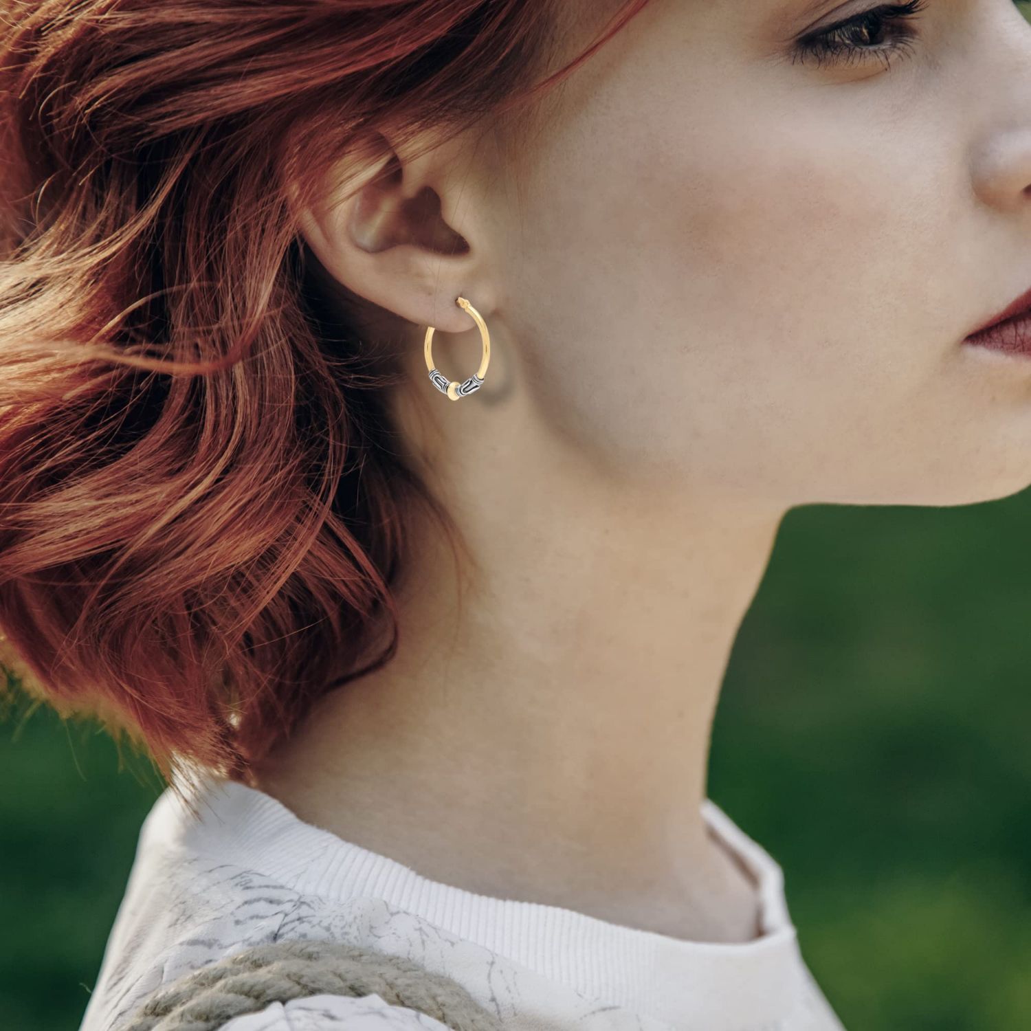 LeCalla 925 Sterling Silver Two-Tone Beaded Bohemian Bali Tribal Click-Top Hoop Earrings for Teen Women 25mm