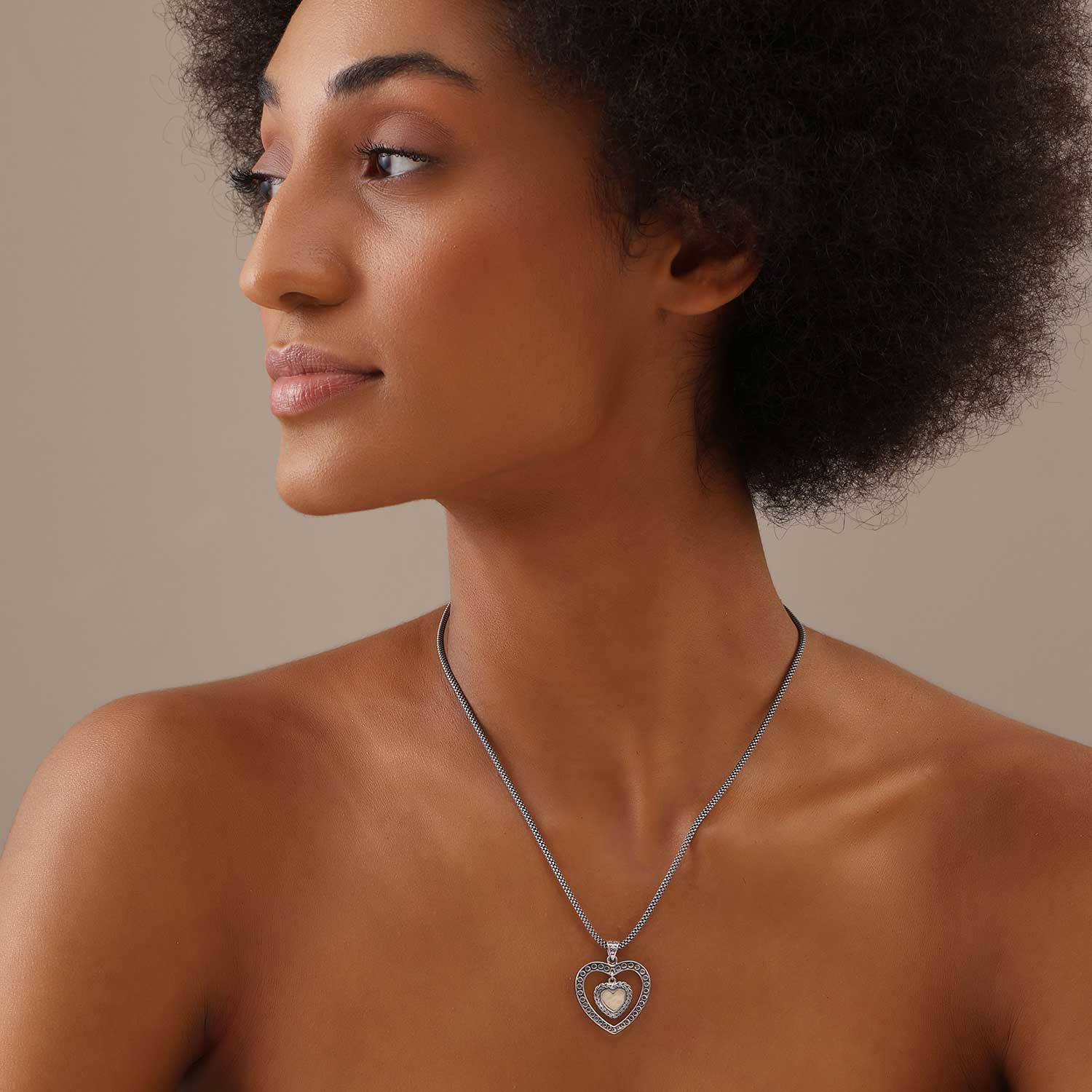 LeCalla 925 Sterling Silver Antique Mother Of Pearl Bali Style Open Space Dual Heart Pendant Popcorn Chain Necklace with Lobster Claw Clasp for Women Teen 18 Inches