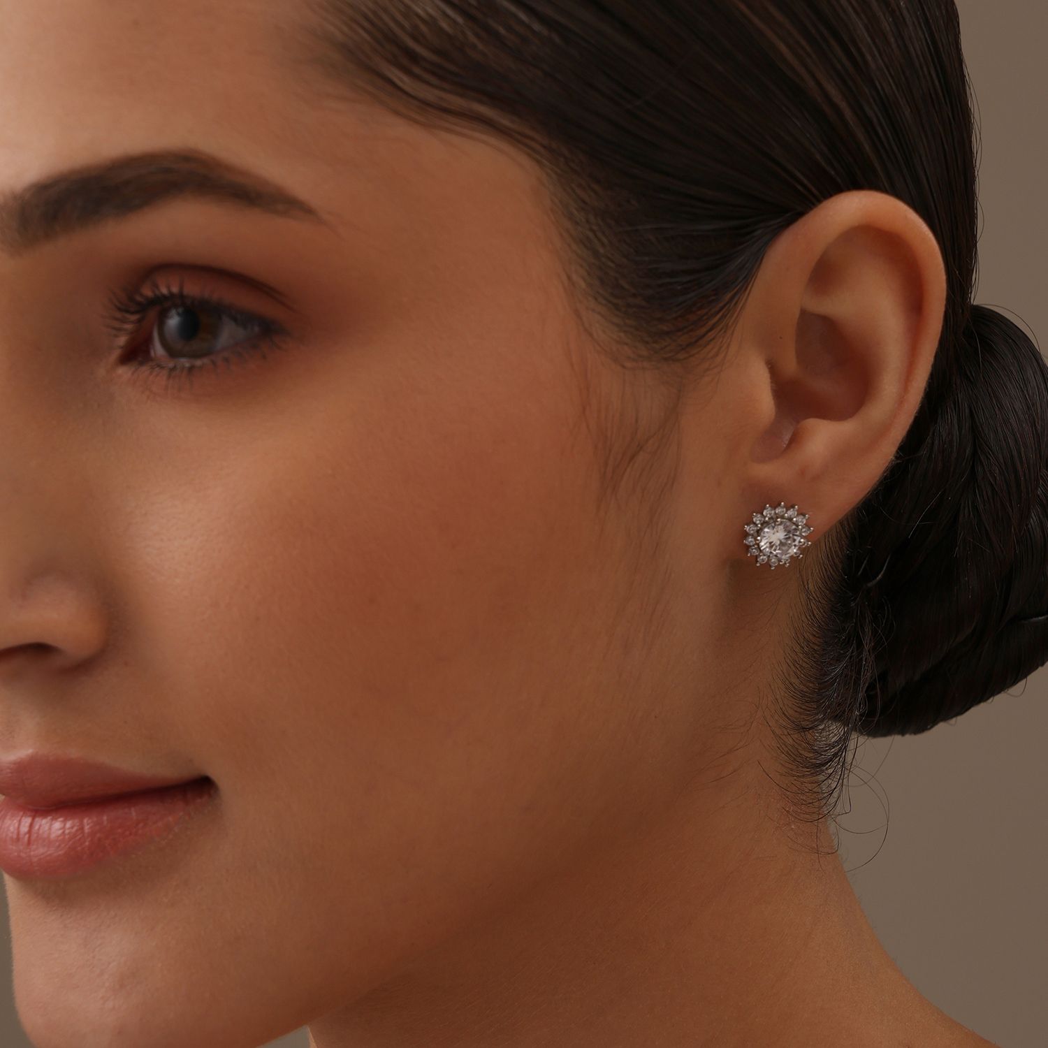 Rhodium Plated Cubic Zirconia Crystal Flower Stud