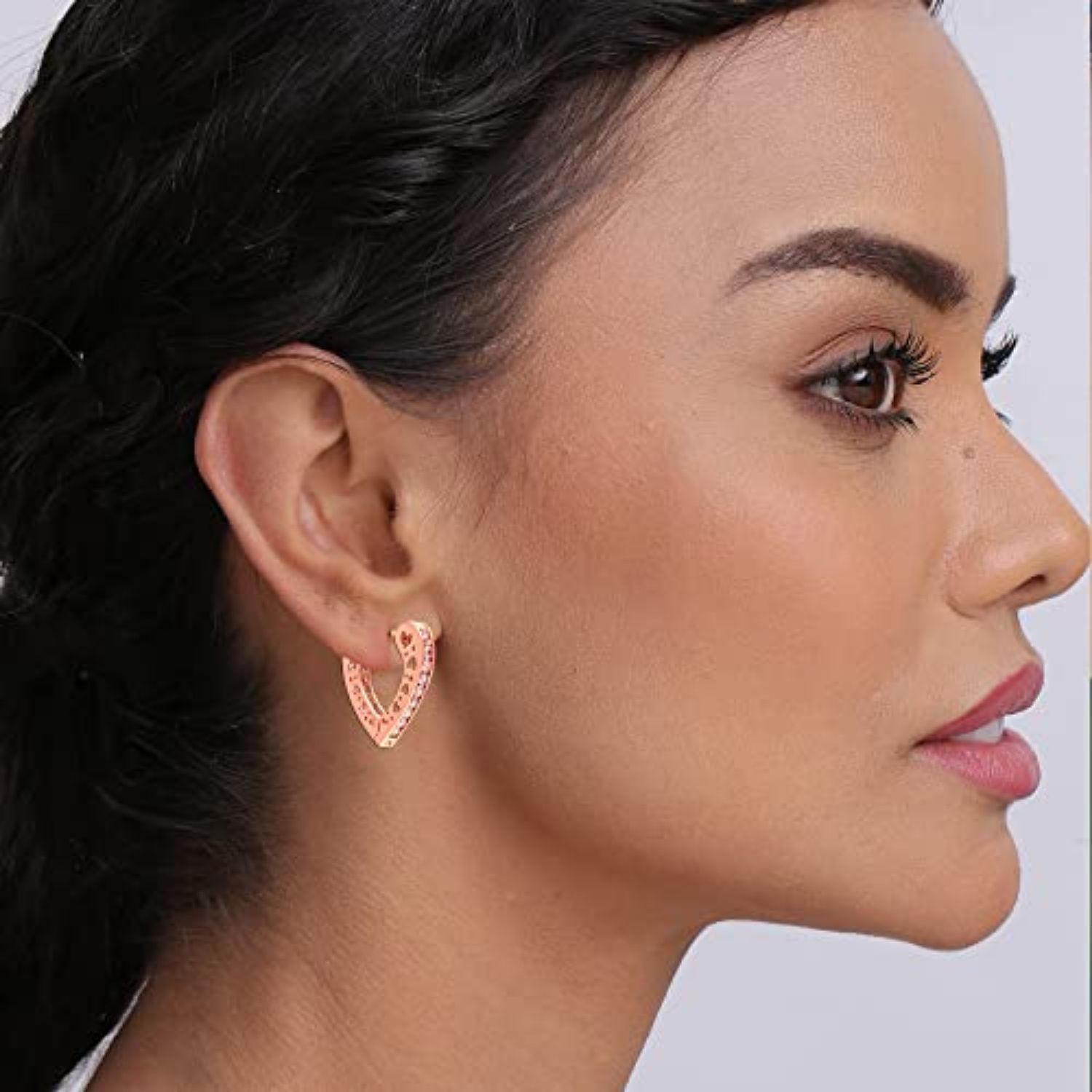 Rose-Gold Plated Zirconia Small Heavy Love Filigree Heart Huggie Chunky Hoop Earrings