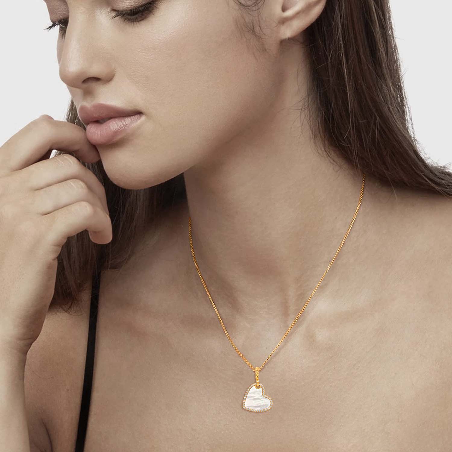 925 Sterling Silver 14K Gold Plated Mother of Pearl Multi Cubic Zirconia Heart Pendant Necklace