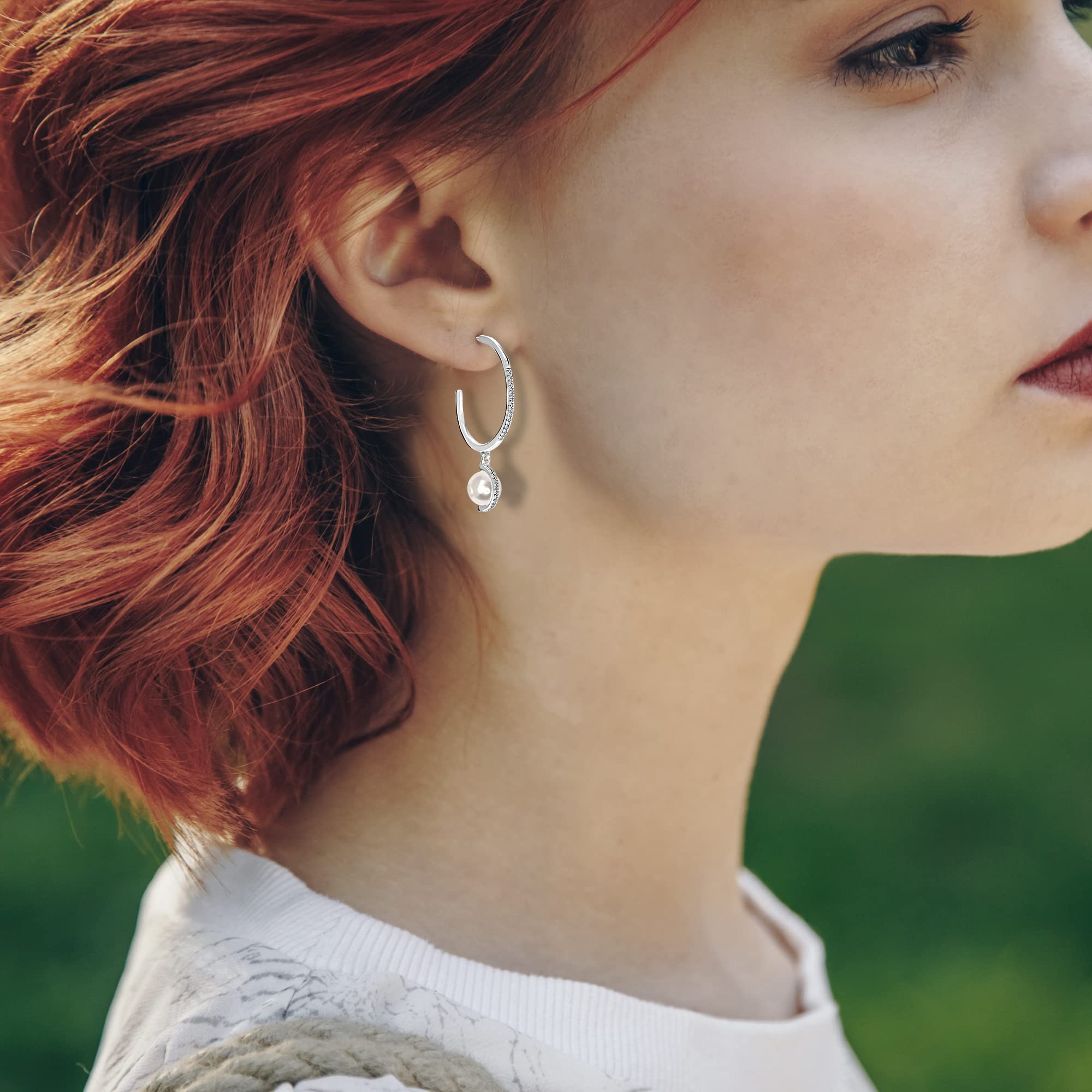Pearl Drop Hoop Earrings in White Gold, Hypoallergenic White CZ Pearl Earring for Women