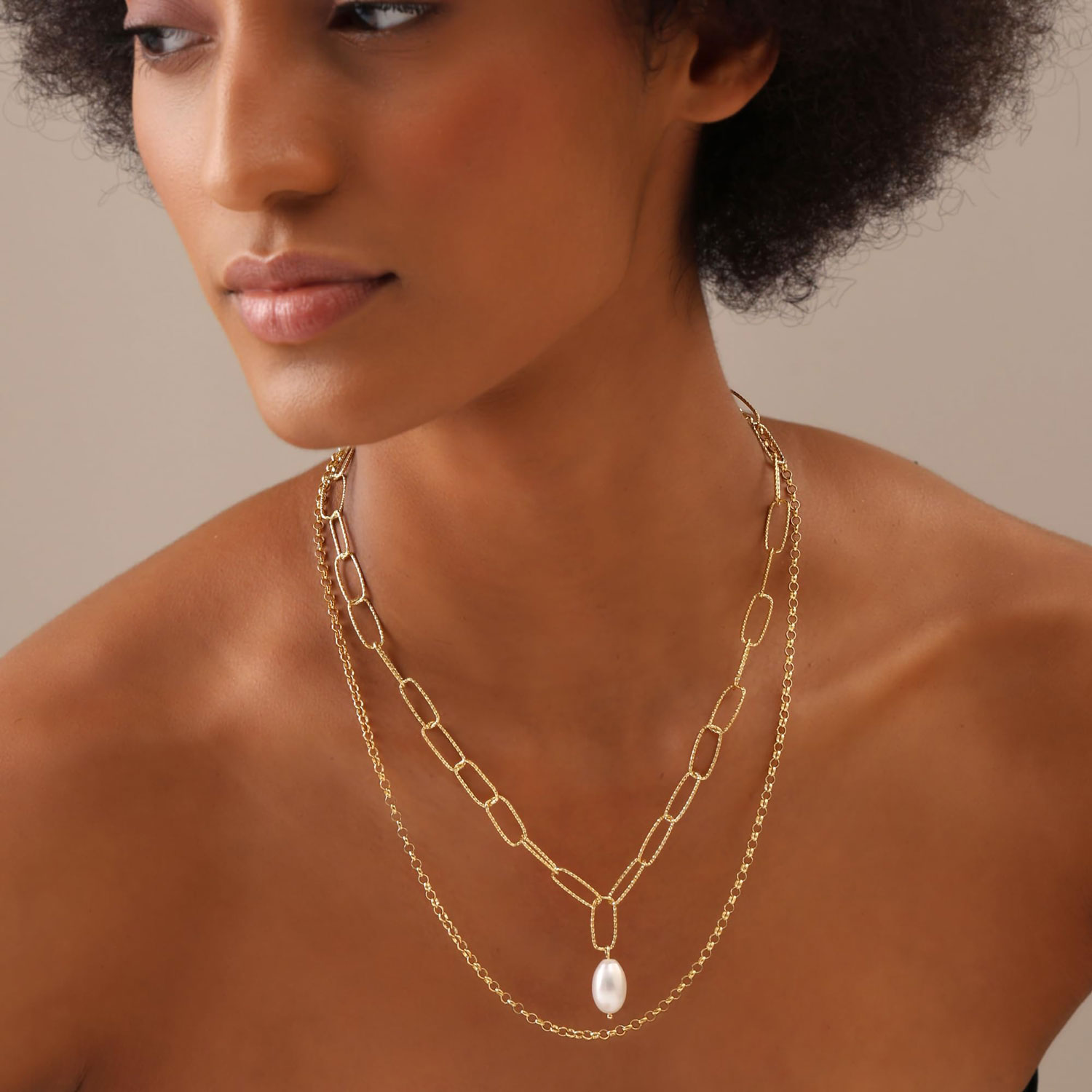 14K Gold Plated Freshwater Pearl Pendant Necklace Multi Row Handmade PaperClip Rolo Chain Layered Necklace for Women