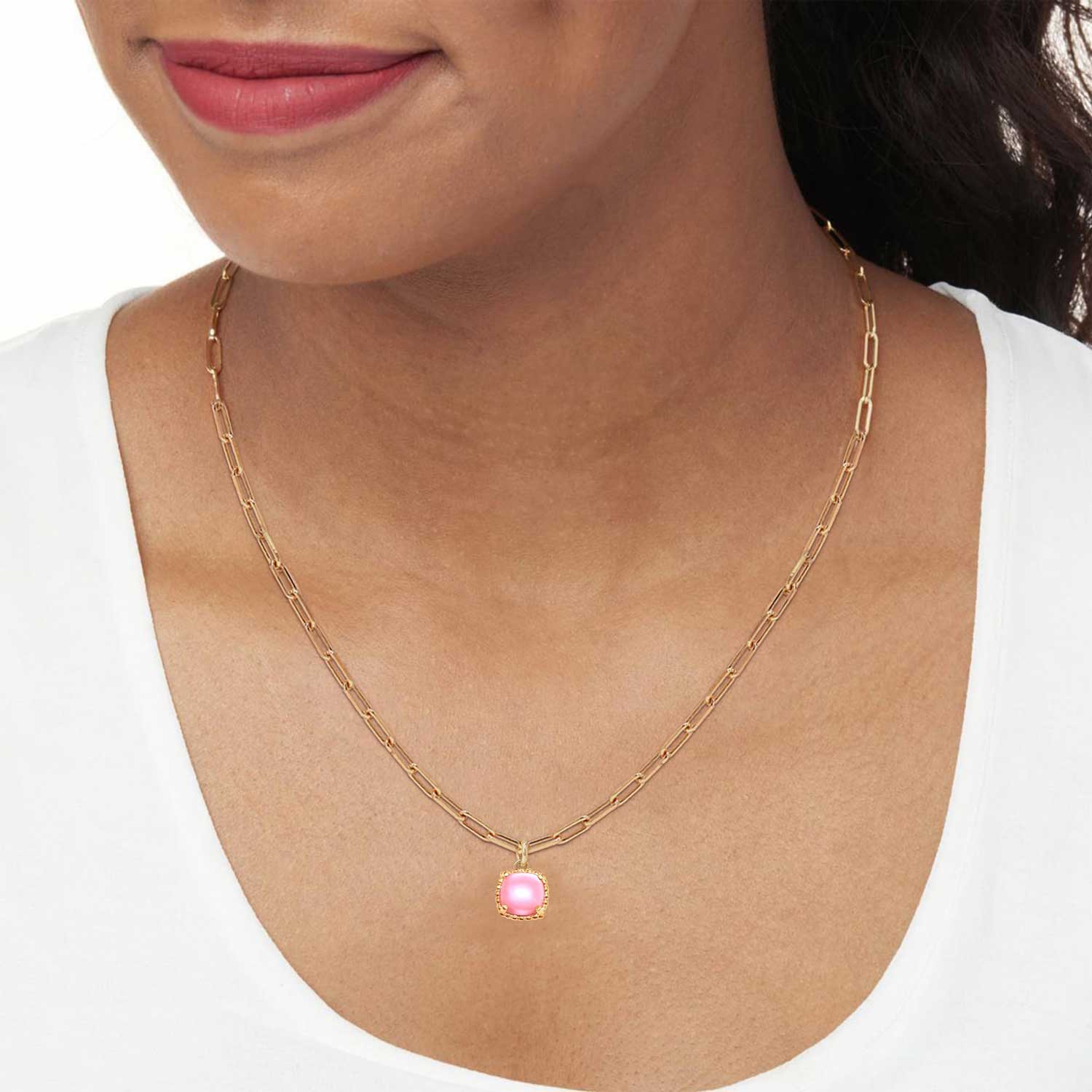 14K Gold Plated Beaded Cushion Pink Cubic Zirconia Square Charm Pendant Necklace Adjustable PaperClip Link Chain Necklaces for Women