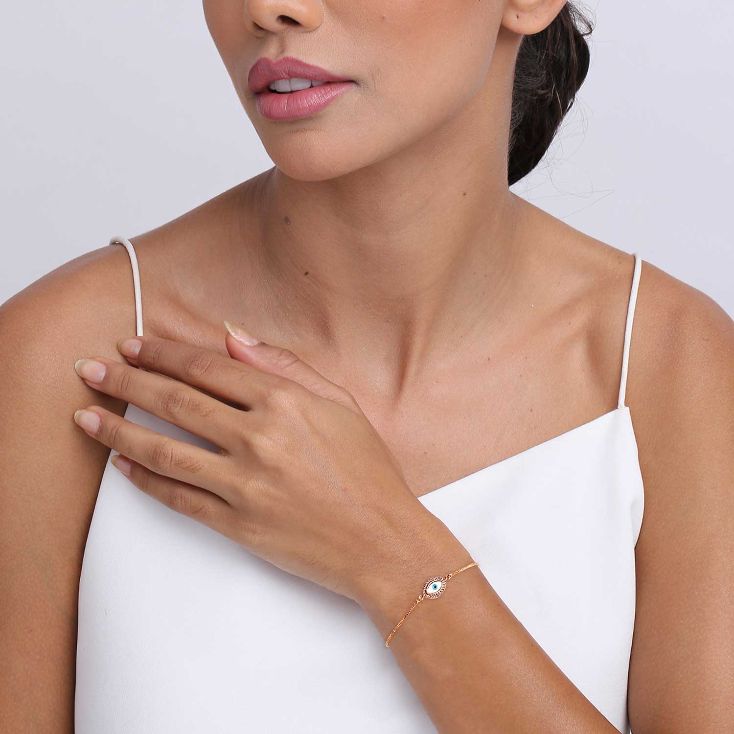 Rose-Gold Plated Protection Jewelry Turkish Evil Eye Pave Cubic Zirconia Adjustable Bolo Bracelet with Box Chain for Women