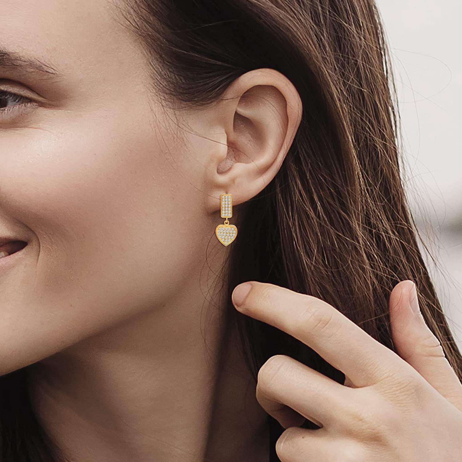 Gold-Plated Hanging Zirconia Amour Heart Stud Drop Dangle Earrings for Women Teen