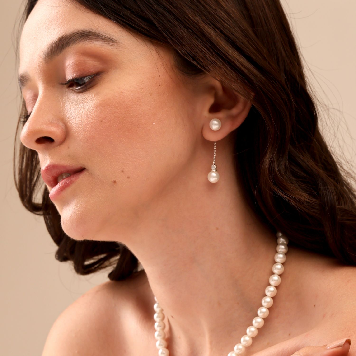 Double Pearl with Cubic Zirconia Cable Chain Drop Dangle Stud Earrings