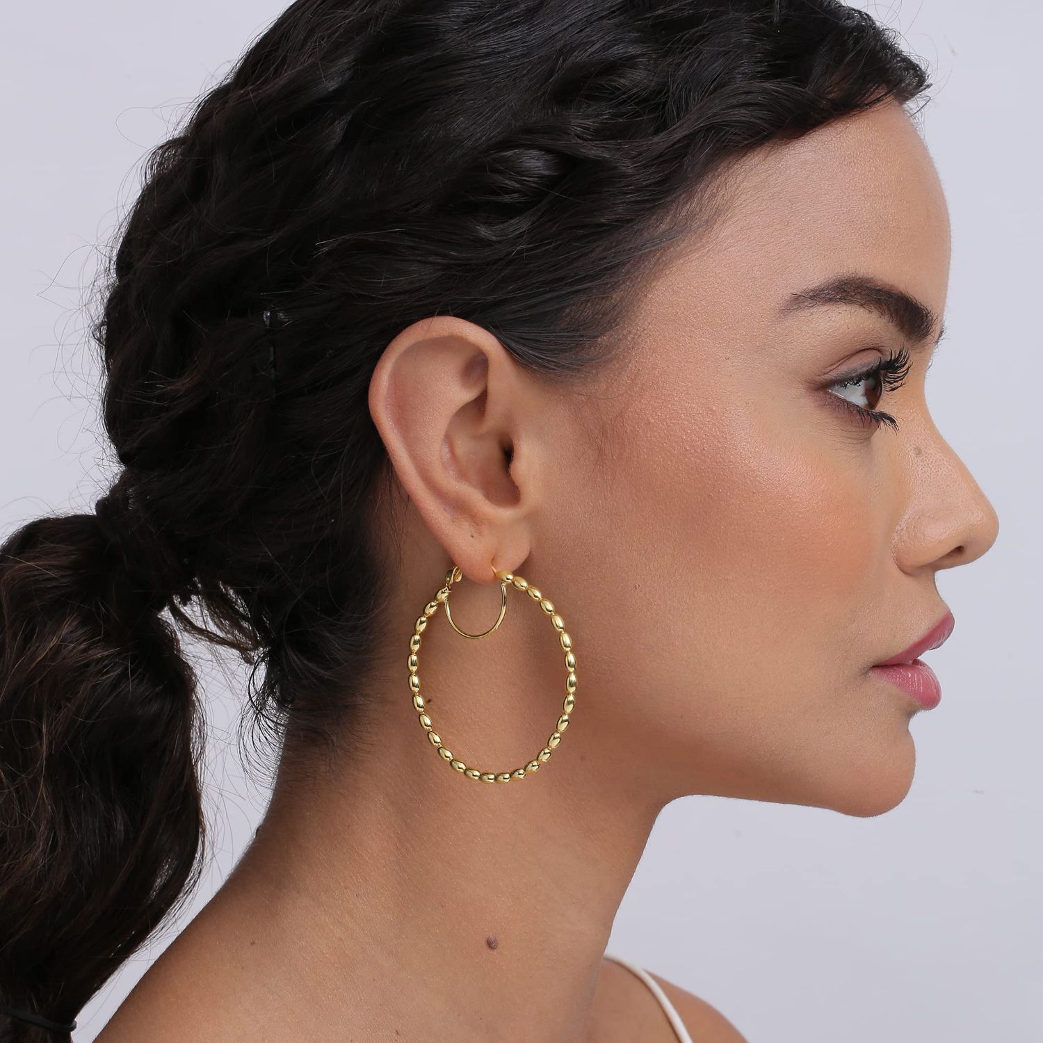 Large Beaded Omega Hoop Earrings for Women Teen 55mm
