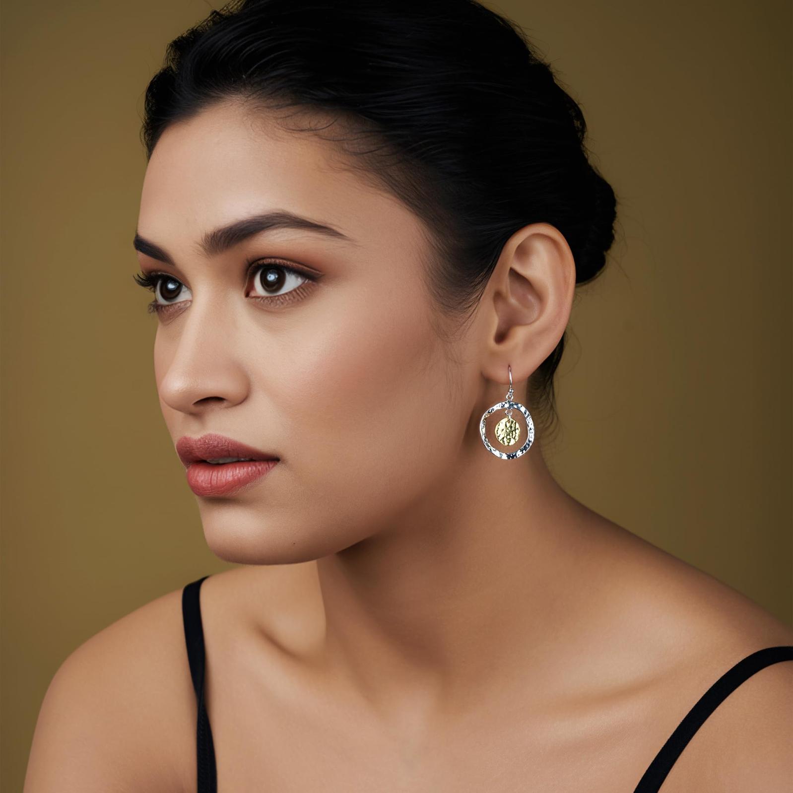 Classic Hammered Double Dangling Earrings Italian Hammered Design Two-Tone Disc Drop Earrings for Women