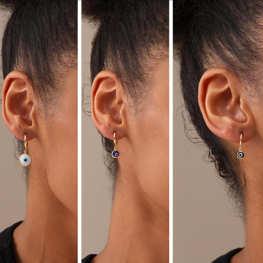 Set of 3 Pairs 14K Gold Plated Lucky Evil Eye Blue Protection Huggie Hoop Dangle Earrings for Women Teen