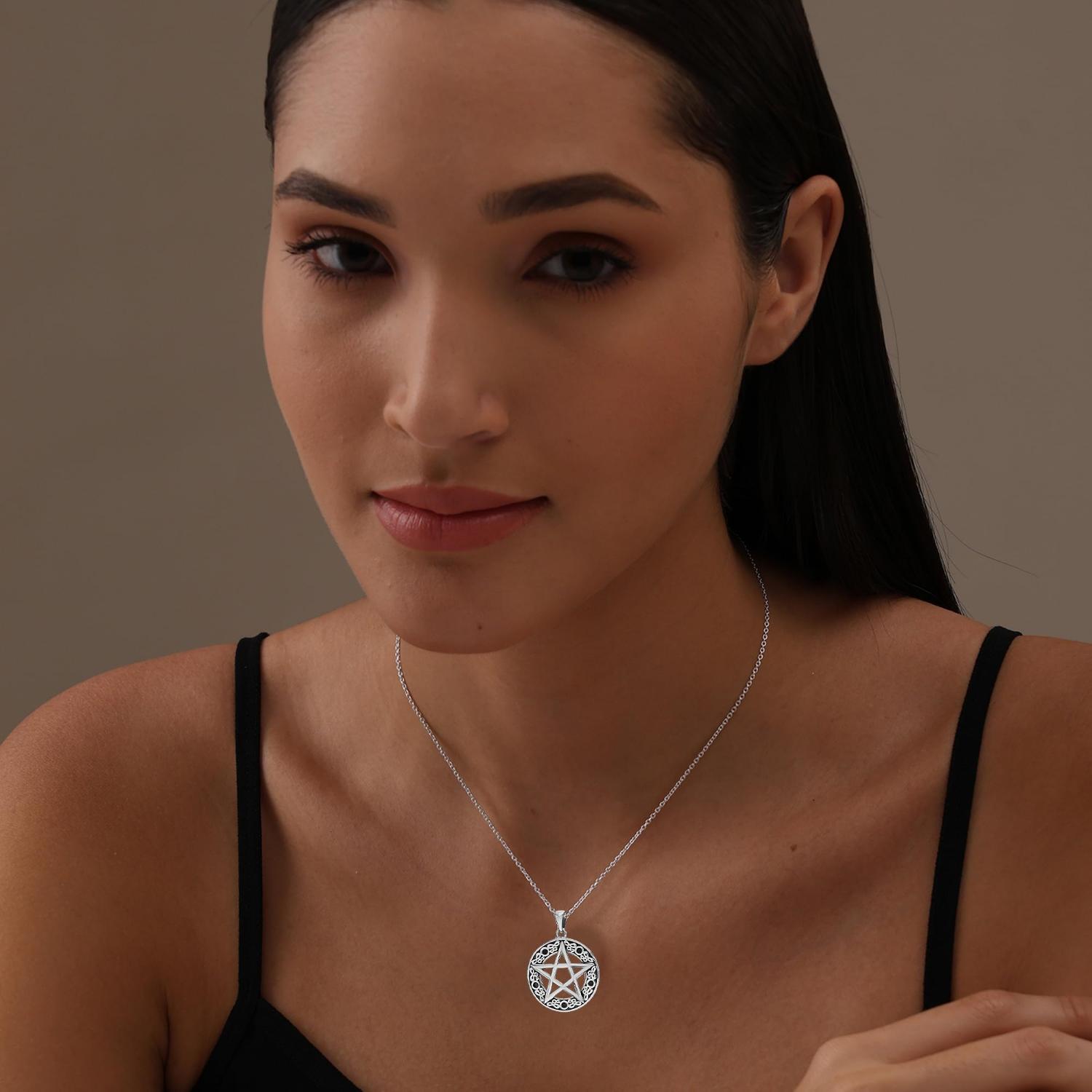 925 Sterling Silver Pentagram Pentacle Pendant Necklace Celtic Star Moon Wiccan