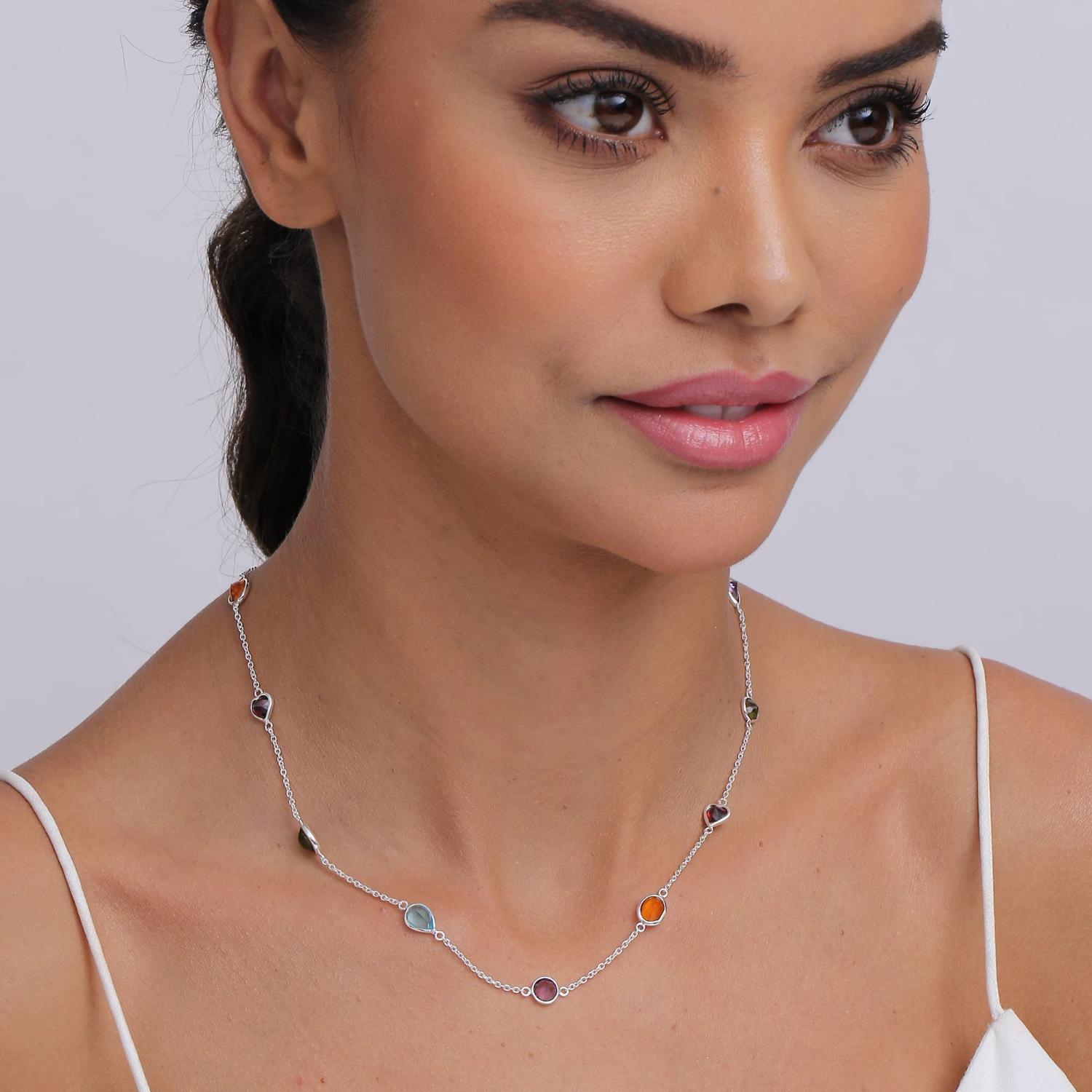 925 Sterling Silver Created Multi-Gem Station Necklace