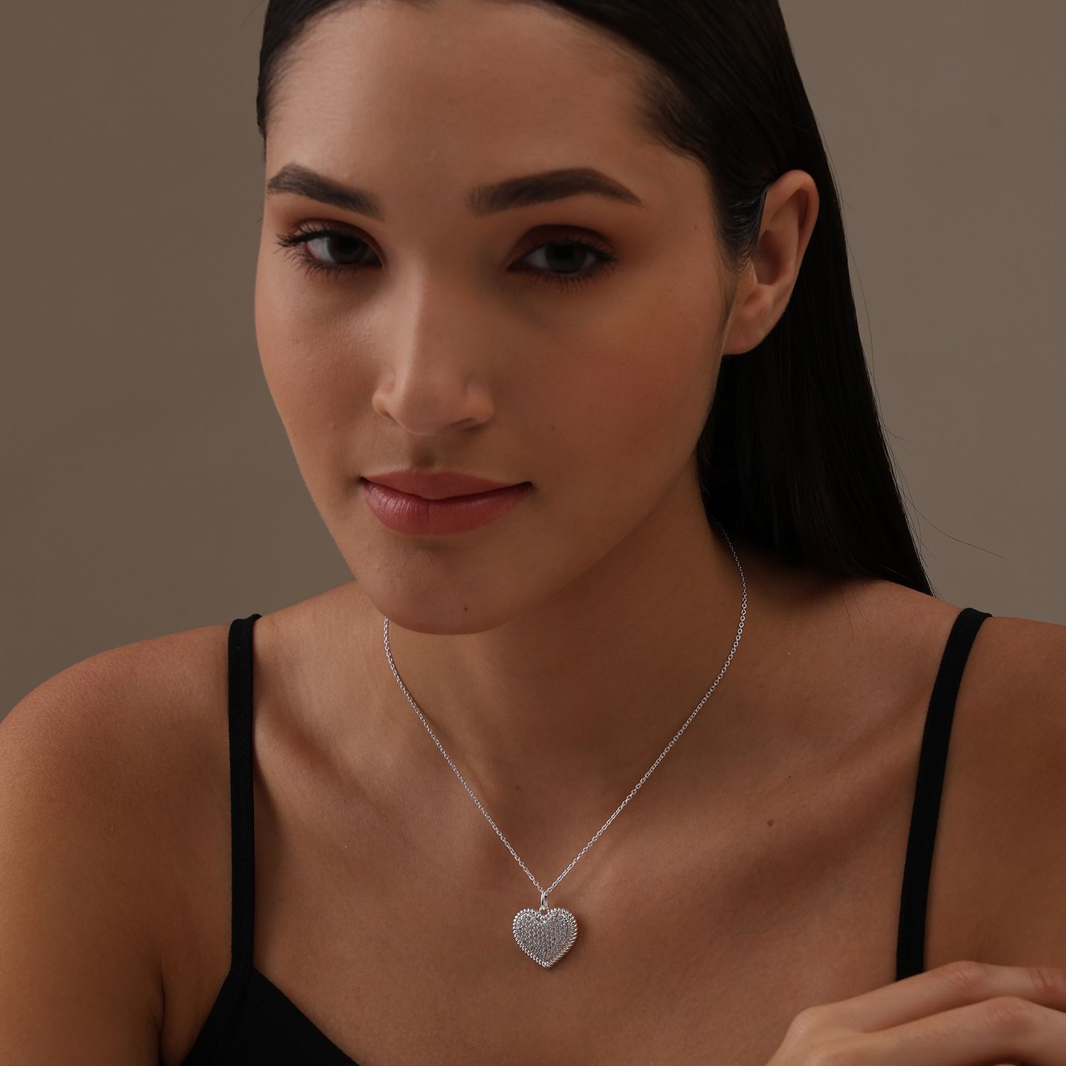 Cubic Zirconia Pave Heart Pendant Cable Chain Necklace With Lobster Claw Clasp for Women Teen