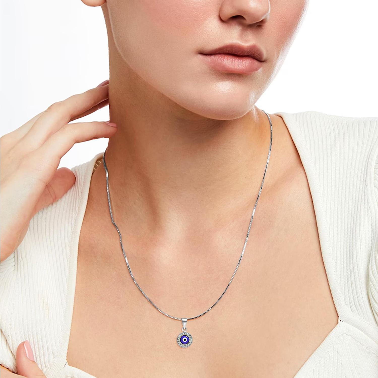 925 Sterling Silver 14K Rhodium Plated Cubic Zirconia Round Evil Eye Pendant Box Chain Necklace