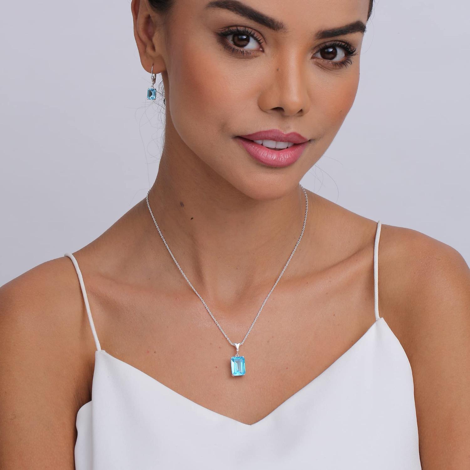 925 Sterling Silver Gemstone Birthstone with 18 Inch Silver Chain Sky Blue Topaz Earrings Pendant Necklace