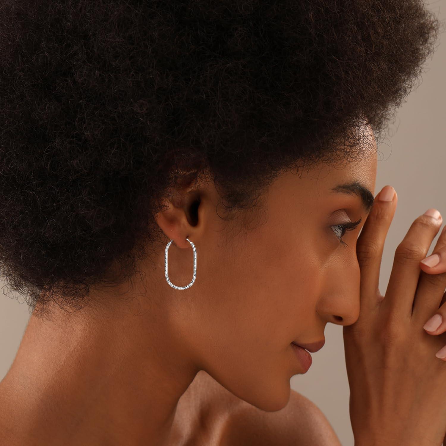 Diamond-Cut Textured Oval Shape Hinged Hoop Earrings