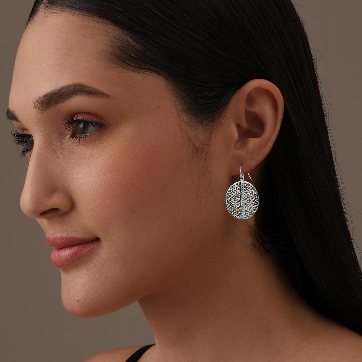 Drop Dangle French Wire Hook Earrings Medium Floral Filigree Danglers for Women