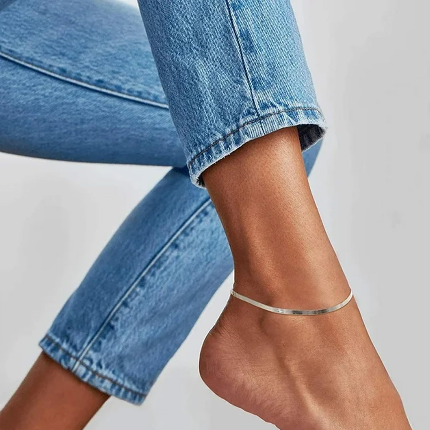 Flat Herringbone Link Chain Anklet Lightweight Ankle Bracelet