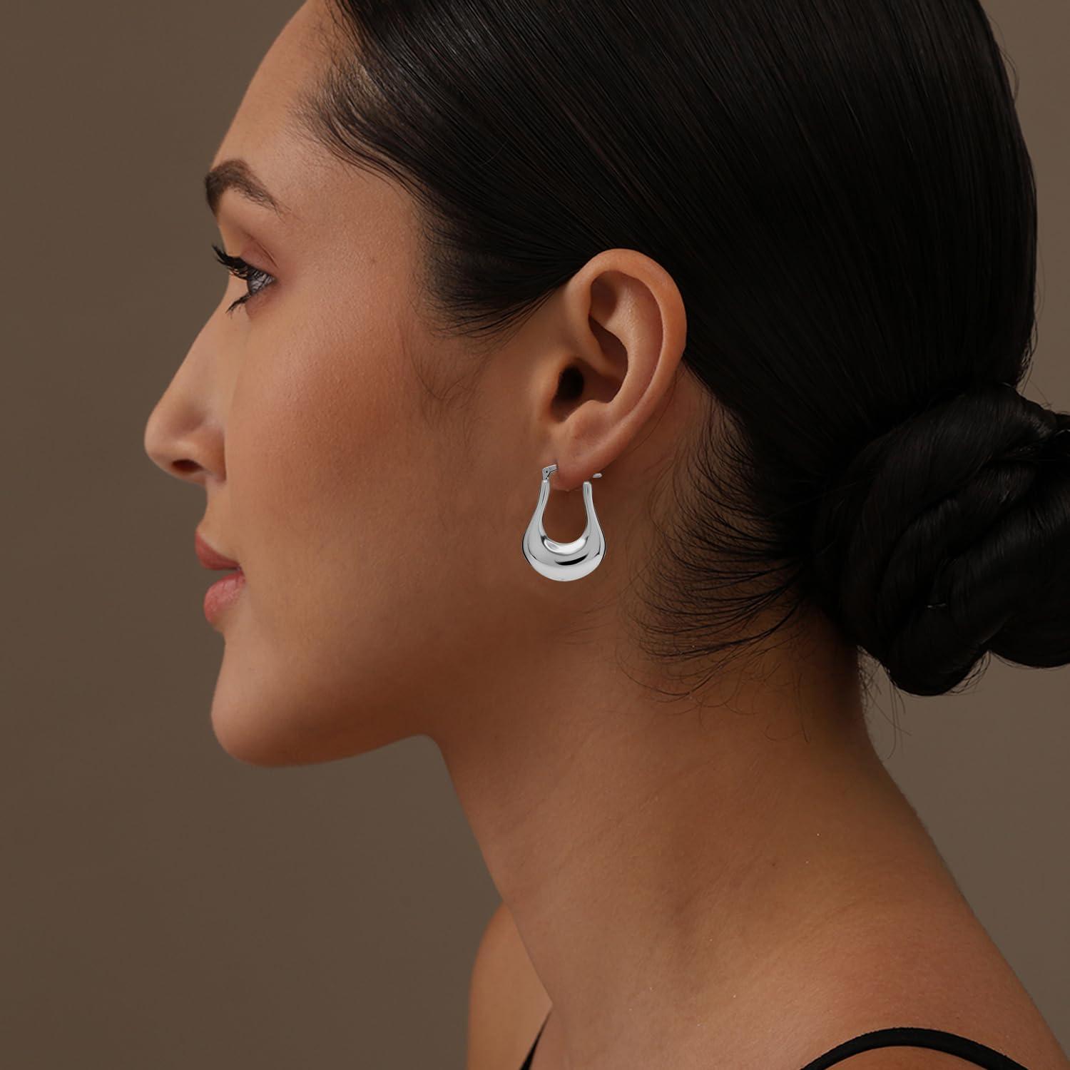 U Shaped Hoop Earrings Minimalist Classic Rectangle Shape Chunky Click-Top Hoop