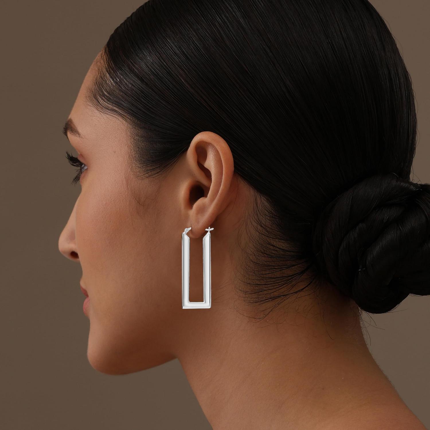 Large Rectangle shaped Hoops Earrings Handmade Elegant Rectangular Click-Top Hoop Earrings